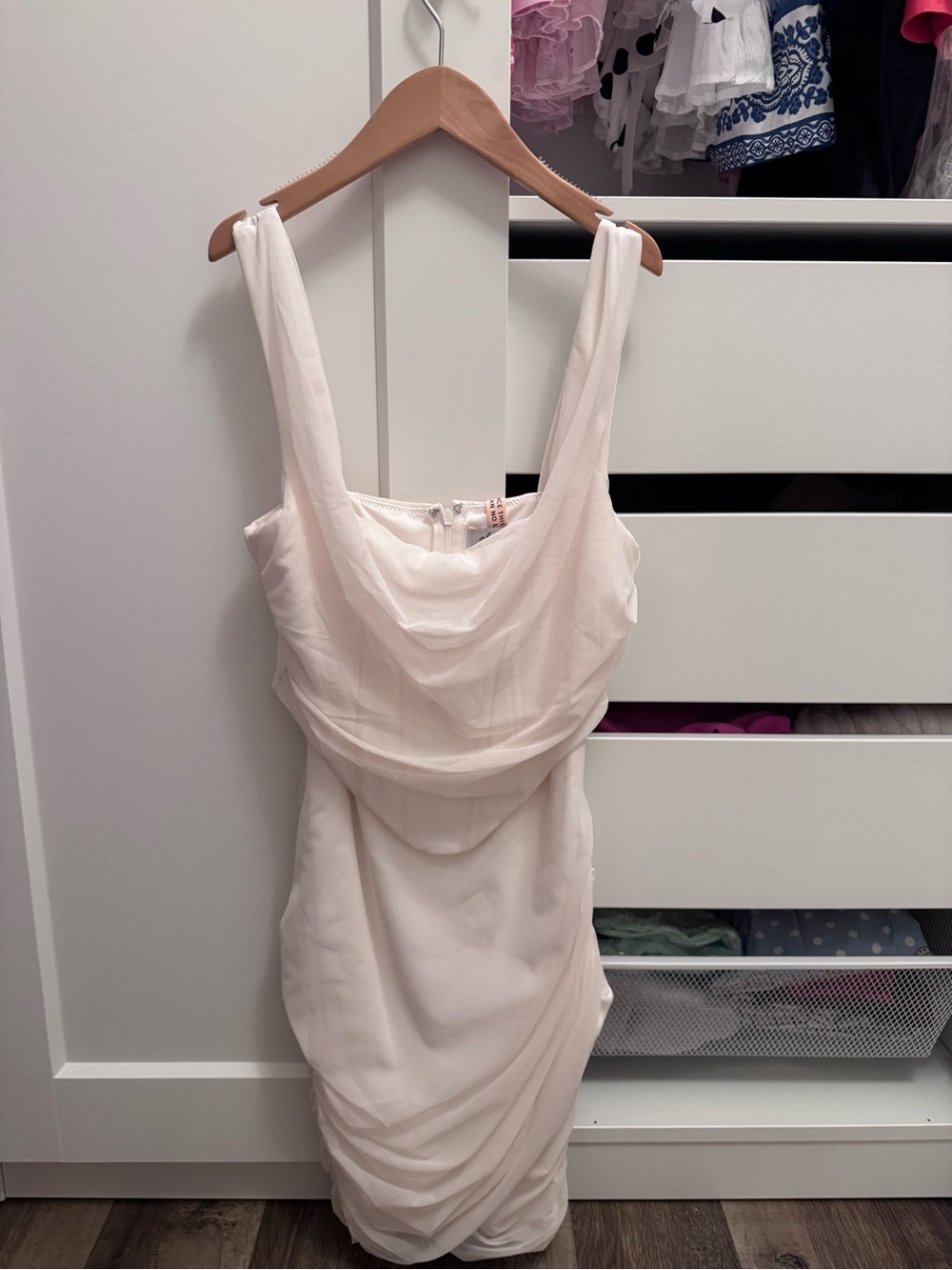 Oh Polly Ivory Draped Cowl Neck Sheath Dress